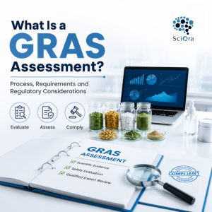 Scientist conducting a GRAS assessment reviewing toxicology and safety data